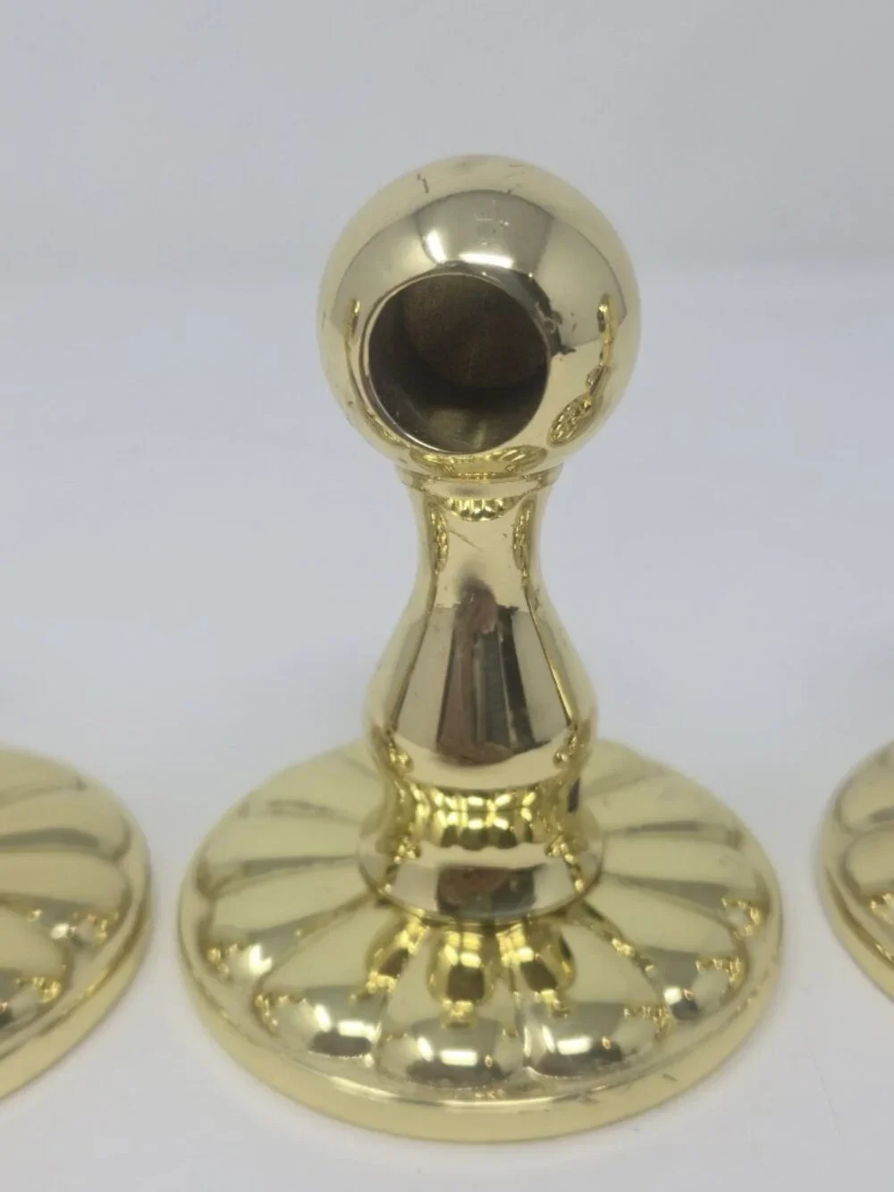 ​Set of 4 Vintage Polished Brass Curtain Rod Brackets Ball Top Scalloped Base